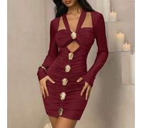 Shein Vestido elegante, romántico, de moda y sexy de color verde menta, de punto elástico, con cuello halter, manga larga, calado y decoración de hebilla me