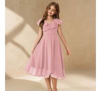 Shein Vestido elegante rosa empolvado para niña preadolescente, verano, cuello en V con volantes, sin mangas, cintura alta, largo medio, gasa, para boda, ni