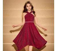 Shein Vestido elegante sin mangas con lazo y cinturón para niña preadolescente en Halloween y Navidad