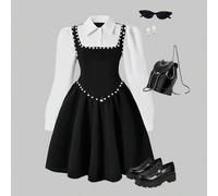 Shein Vestido elegante y casual con cuello de perlas para niñas preadolescentes, adecuado para ir al trabajo, la escuela, salidas y reuniones, se puede comb