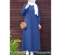 Shein Vestido elegante y casual de mujer de manga farol con cuello redondo, unicolor, decoración de botones, vestido largo árabe, para primavera/otoño