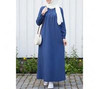 Shein Vestido elegante y casual de mujer de unicolor con cuello redondo, manga farol, decoración de botones, vestido largo árabe, primavera/otoño Eid