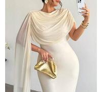 Shein Vestido elegante y casual para vacaciones, playa, festivales de música románticos para mujeres de talla grande, con cuello fruncido, fluido, transpare