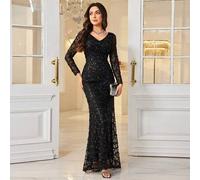Shein Vestido elegante y glamoroso de fiesta de noche con cuello en V, manga larga, malla brillante y parches de lentejuelas en la cintura, color negro