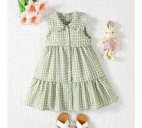 Shein Vestido elegante y lindo de niñas pequeñas con cuello Peter Pan, sin mangas, tipo línea A, con paneles de cuadros rosa. Adecuado para el juego al aire