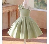 Shein Vestido elegante y noble para niña joven, verde, de doble capa, con estiramiento en 4 direcciones, sin mangas, diseño de tirante de un solo hombro, co