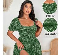 Shein Vestido elegante y romántico con diseño de flores pequeñas, lazo en el cuello, abertura alta y mangas abullonadas, de primavera/verano para mujer t