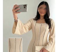 Shein Vestido elegante y romántico árabe de mujer con mangas largas tejidas, cintura ceñida, cinta negra de contraste y línea A para primavera/verano en col