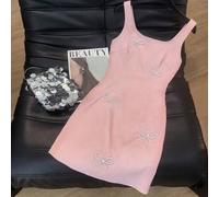 Shein Vestido elegante y romántico de línea A con cuello cuadrado y sin mangas, de tela texturizada, color rosa pálido, nuevo lanzamiento de verano, con pat