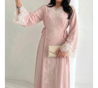 Shein Vestido elegante y romántico de manga larga con encaje y cintura anudada en estilo A-line, en color rosa, para primavera/verano, de estilo árabe