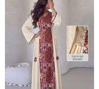 Shein Vestido elegante y romántico de manga larga con estampado tejido, cintura con lazo y línea A para mujer, primavera/verano, estilo árabe