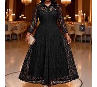 Shein Vestido elegante y romántico de manga larga con un solo botón de encaje para mujer talla grande, negro, para otoño, atuendos de maestra, Halloween, bo