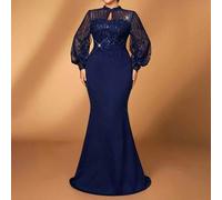 Shein Vestido elegante y romántico de talla grande con cuello de gota azul, mangas abullonadas, lujoso parche de lentejuelas, cintura con aplicación de punt