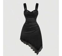 Shein Vestido elegante y romántico de talla grande con parches de satén negro y lentejuelas, vestido de fiesta de gala, parches de encaje, bajo asimétrico,