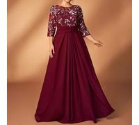 Shein Vestido elegante y romántico de talla grande en color vino tinto con mangas 3/4, lujosamente adornado con cuentas, con cintura fruncida y silueta evas