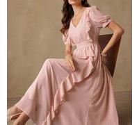 Shein Vestido elegante y romántico francés para mujer con cuello en V, volantes verticales, mangas con diseño de pétalo, cintura ceñida y fluido para vacaci