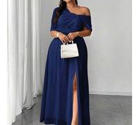 Shein Vestido elegante y romántico para invitada de boda de talla grande, vestido formal ligero, vestido de gasa con un hombro y abertura lateral