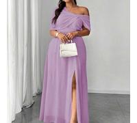 Shein Vestido elegante y romántico para invitada de boda de talla grande, vestido formal ligero, vestido de gasa con un hombro y abertura lateral