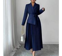 Shein Vestido elegante y versátil para ir al trabajo con cuello de solapa de patchwork, mangas largas, diseño 2 en 1, vestido plisado que ciñe la cintura, v