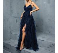 Shein Vestido escotado en V sexy con bordado 3D y empalme de malla con volantes y abertura alta, vestido elegante formal para fiesta de graduación, cena, bo