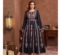 Shein Vestido estilo árabe de línea A para mujer de talla grande, casual con estampado, de manga larga y cintura ceñida, adecuado para primavera y otoño