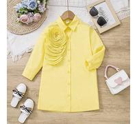 Shein Vestido estilo camisa amarilla para niñas con decoración de flores en 3D y mangas largas, adecuado para verano, otoño, fiestas y diversas ocasiones. C