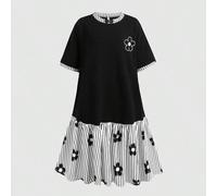 Shein Vestido estilo preppy para niñas adolescentes, tejido de punto negro con cuello a rayas negras y blancas, Bottom con falda plisada a rayas que hace ec