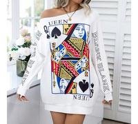 Shein Vestido Estilo Sudadera Con Hombros Inclinados De Moda De Talla Grande Con Estampado De Naipes
