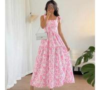 Shein Vestido floral con pliegues en la cintura, elegante estilo francés, vestido fluido sin mangas, vestido floral de verano color azul claro