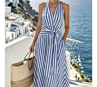 Shein Vestido fluido con cuello en V y cintura ceñida, a rayas azul francés y blanco, favorecedora para vacaciones de verano