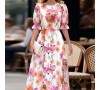Shein Vestido fluido con estampado francés, mangas sueltas, puños elásticos y cintura drapeada para mujeres
