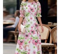 Shein Vestido fluido con estampado francés, mangas sueltas, puños elásticos y drapeado en la cintura para mujeres