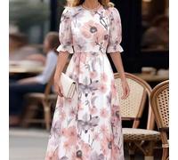 Shein Vestido fluido con estampado francés, mangas sueltas, puños elásticos y drapeado en la cintura para mujeres