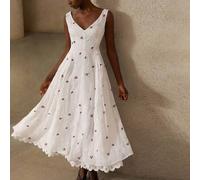 Shein Vestido fluido de estilo elegante retro francés de alta gama con cuello en V, volantes, patchwork y bordados. Estilo femenino y estilizador de alta ga