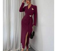 Shein Vestido fluido de manga larga con diseño plisado, bordado de mariposa y botones metálicos, elegante y sofisticado estilo francés para la oficina y uso