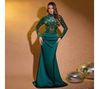 Shein Vestido formal de fiesta de noche con cuello mao, manga larga, estampado floral, parches de terciopelo y satén en color verde para mujer