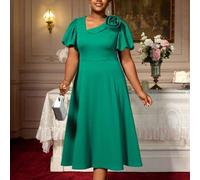 Shein Vestido formal de línea A modesto con flores 3D, cuello en V, volantes de pétalos, para invitadas de boda de mujeres