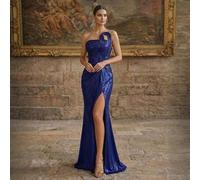 Shein Vestido formal de sirena con pliegues de color verde esmeralda de lujo, con brillo metálico, diseño de abertura alta, vestido de noche formal, vestido