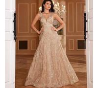 Shein Vestido formal elegante para fiestas, para invitadas de boda, vestido de noche, con escote en V, sin mangas, entallado a la cintura, con bordado de le