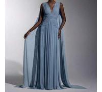 Shein Vestido formal elegante, romántico y de moda con cuello en V profundo, volantes y línea A de tela de malla elástica en estilo retro, para fiesta, boda