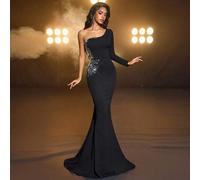 Shein Vestido formal elegante, romántico y de moda con hombro asimétrico, manga larga, decoración de perlas, copa de busto y bajo de cola de pez con pedrerí