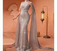 Shein Vestido formal elegante y de lujo de mujer AMILUCK con mangas acampanadas de chifón con encaje y lentejuelas, adecuado para fiestas formales, bodas y