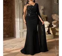 Shein Vestido formal elegante y lujoso de talla grande con bordados de encaje, cuentas y aplicaciones hechas a mano, mangas extra largas acampanadas de punt