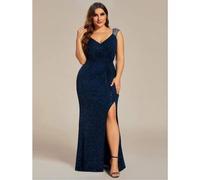 Shein Vestido formal largo con abertura y cuello en V sin mangas, de gran elasticidad y elegante y encantador, adecuado para gala, vacaciones - Azul marino