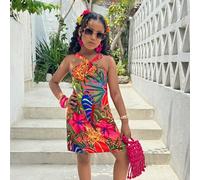 Shein Vestido halter con corte en A con estampado tropical de flores y hojas para niña preadolescente, juego a juego madre-hija (se venden 3 piezas por sepa