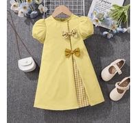 Shein Vestido holgado para niña joven con cuello redondo, manga globo y diseño de bloques de color y parches