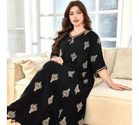 Shein Vestido holgado regular de estilo árabe con escote en V, bordado y mangas de murciélago, para mujeres de talla grande, para primavera/verano