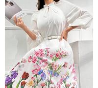 Shein Vestido holgado sin cinturón con estampado floral, cuello de corbata y mangas raglán, perfecto para playa/casual/vacaciones/noche o cualquier otra oca