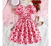 Shein Vestido informal de manga corta para niñas con estampado de corazón, volante en el bajo y color liso tipo loto