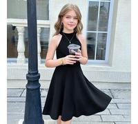 Shein Vestido informal de niña preadolescente de talle imperio, sin mangas, de cuello alto y color negro sólido